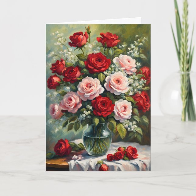 Pink and Red Rose Bouquet Valentine Card (Front)