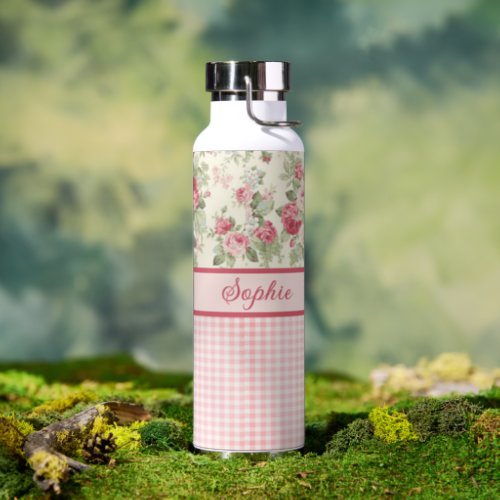 Pink and Red Roses and Gingham Check Monogrammed Water Bottle