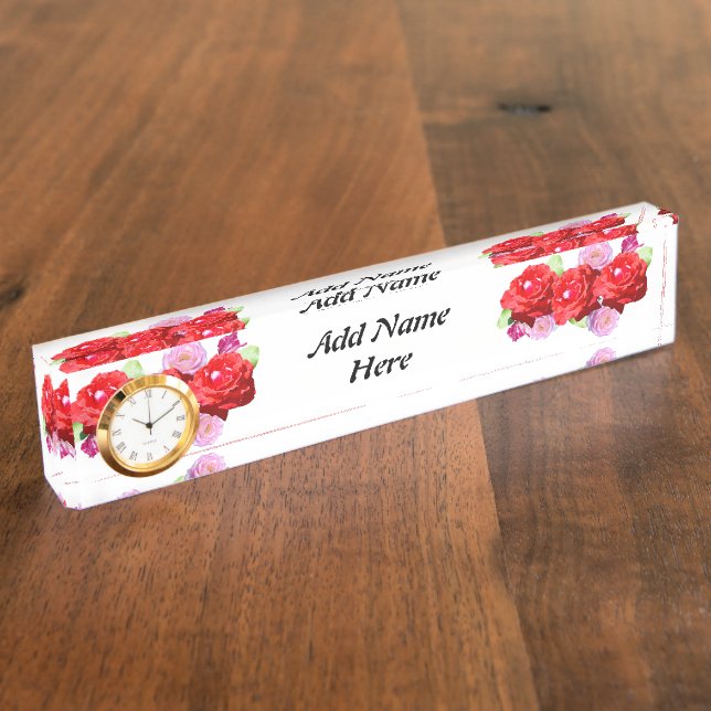 Pink And Red Roses Bouquet Add Your Name, Desk Name Plate (Side)