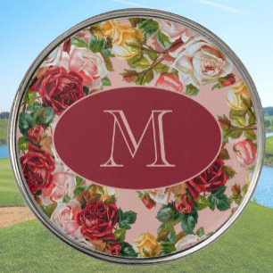 Pink and Red Roses Floral Custom Monogram Golf Ball Marker
