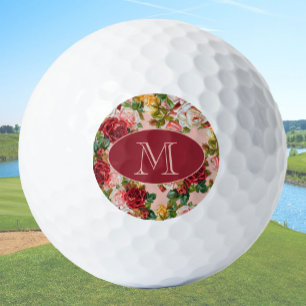 Pink and Red Roses Floral Custom Monogram Golf Balls
