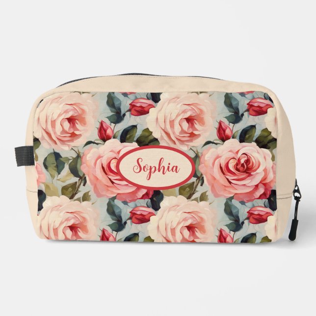 Pink And Red Roses Floral Pattern Dopp Kit (Front)