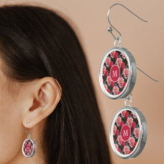 Pink and Red Roses Pattern Floral Monogram Earrings