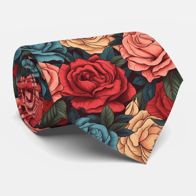 pink and red roses pattern neck tie (Rolled)