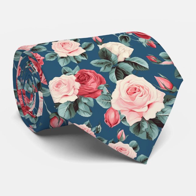 pink and red roses pattern neck tie (Rolled)