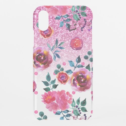 Pink and red roses pink ombre glitter iPhone XR case