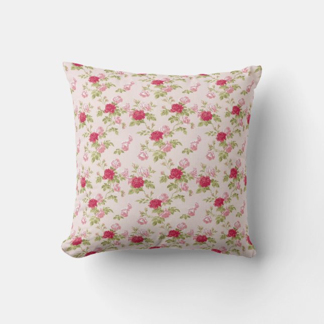 Pink and Red Roses Vintage Country Throw Pillow (Front)