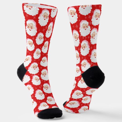 Pink and Red Santa Claus Faces Vintage Christmas Socks