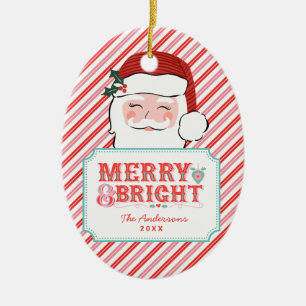 Pink and Red Santa   Merry & Bright  Ceramic Ornament