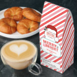 Pink and Red Santa | Merry & Bright Roasted Coffee<br><div class="desc">This Christmas Coffee features a cheerful Santa design with text that says "Merry & Bright." You can personalize with your name and year at the bottom. The background is another coordinating pink and red diagonal stripe pattern.</div>
