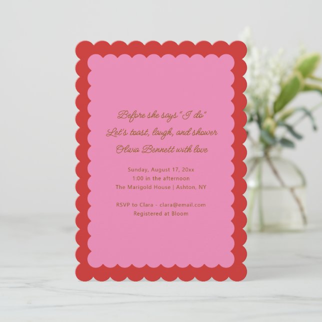 Pink and Red Scalloped Edge Bridal Shower Invitation (Standing Front)