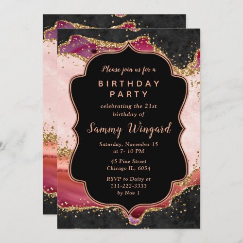Pink and Red Sequins Agate Birthday Invitation