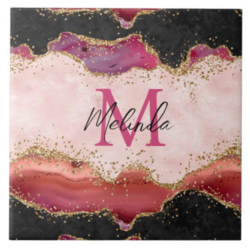 Pink and Red Sequins Agate Ceramic Tile