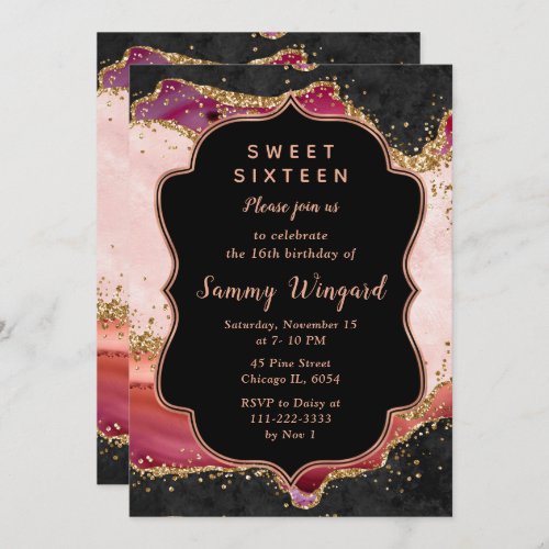Pink and Red Sequins Agate Sweet Sixteen Invitation