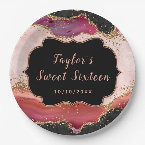 Pink and Red Sequins Agate Sweet Sixteen Paper Plates