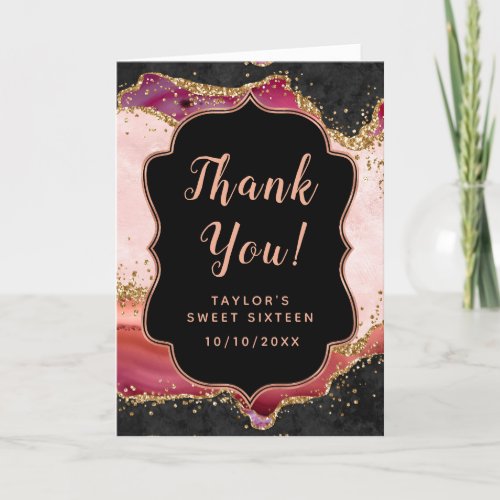 Pink and Red Sequins Agate Sweet Sixteen Thank You Card