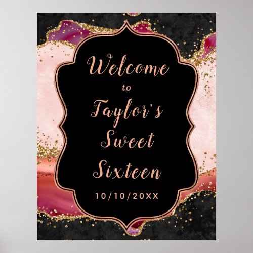 Pink and Red Sequins Agate Sweet Sixteen Welcome Poster