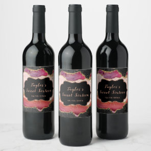 Pink and Red Sequins Agate Sweet Sixteen Wine Label