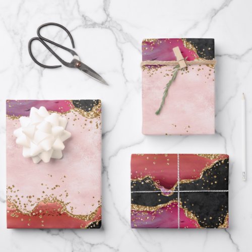 Pink and Red Sequins Agate Wrapping Paper Sheets