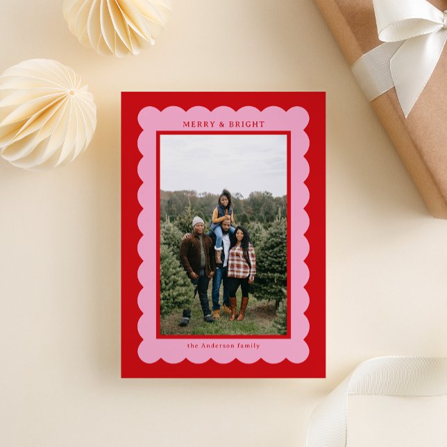 Pink and Red Simple Scallop Photo Frame Holiday Card (Creator Uploaded)
