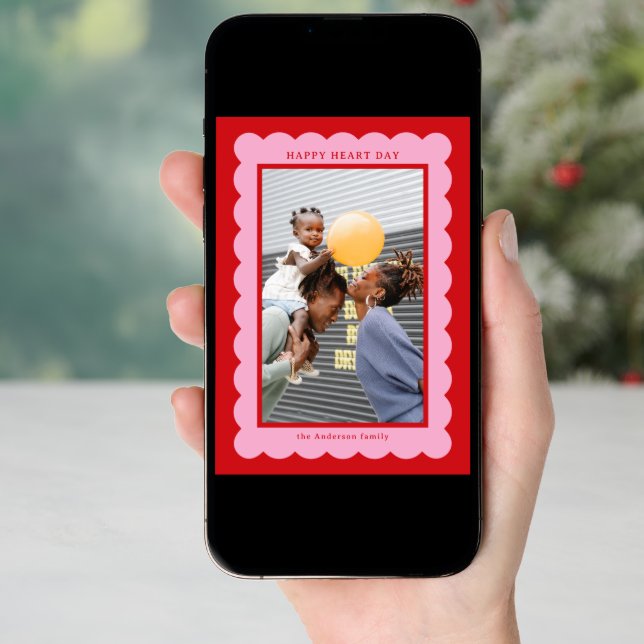 Pink and Red Simple Scallop Photo Frame Holiday Card (Front Digital)