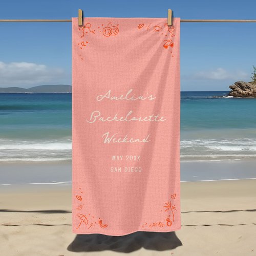Pink and Red Sketch Bachelorette Weekend Party Beach Towel
