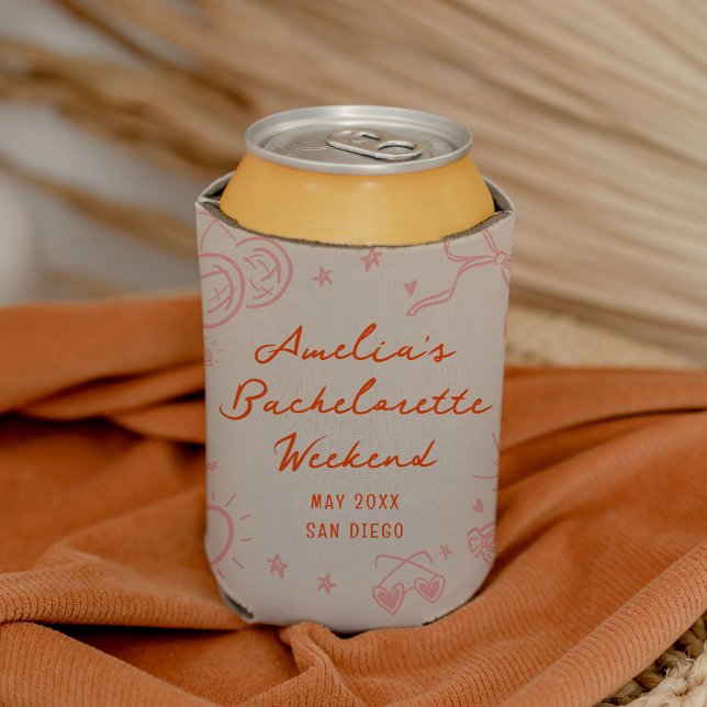 Pink and Red Sketch Bachelorette Weekend Party Can Cooler (Pink and red bachelorette party personalized can coolers.)