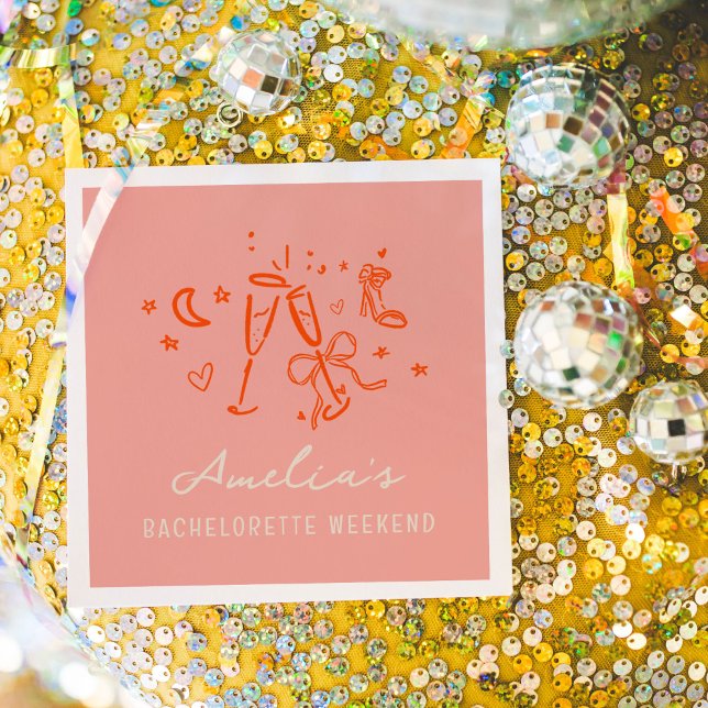 Pink and Red Sketch Bachelorette Weekend Party Napkins (Pink and red hand drawn sketch girly icon illustrations bachelorette party napkins.)