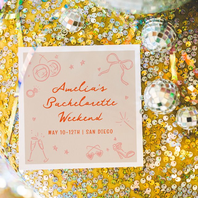 Pink and Red Sketch Bachelorette Weekend Party Napkins (Pink and red hand drawn sketch girly icon illustrations bachelorette party napkins.)