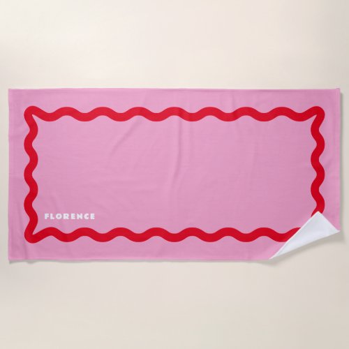 Pink and Red Squiggle with Text Beach Towel