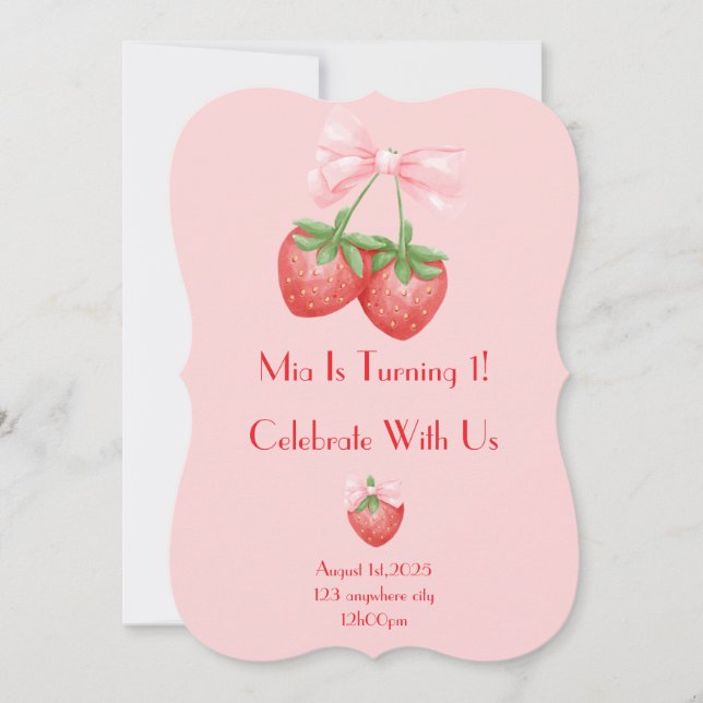 Pink and Red strawberries girl birthday  Invitation (Front)