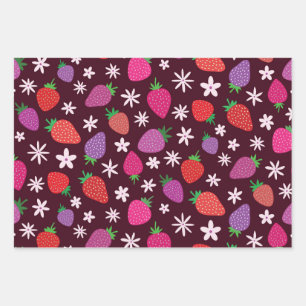 Pink and Red Strawberries with White Flowers Wrapping Paper Sheets