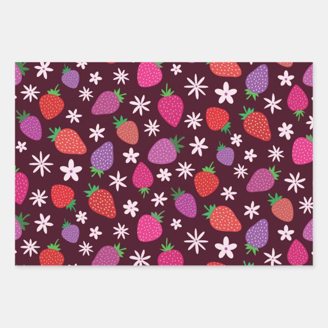 Pink and Red Strawberries with White Flowers  Wrapping Paper Sheets (Front)