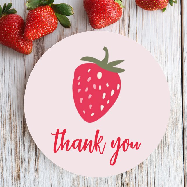 Pink and Red Strawberry Baby Shower Thank You Classic Round Sticker (Creator Uploaded)