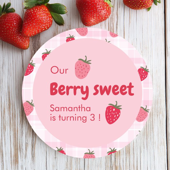 Pink and Red Strawberry Birthday  Classic Round Sticker (Creator Uploaded)