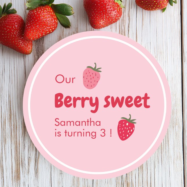 Pink and Red Strawberry Birthday  Classic Round Sticker (Creator Uploaded)