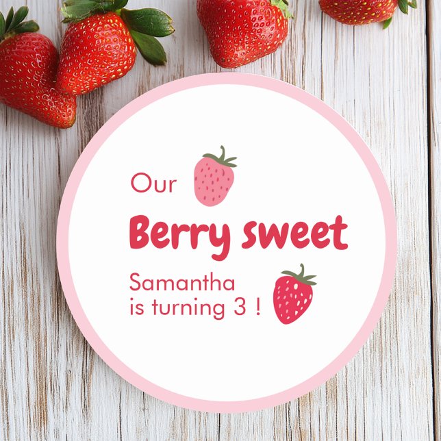 Pink and Red Strawberry Birthday  Classic Round Sticker (Creator Uploaded)