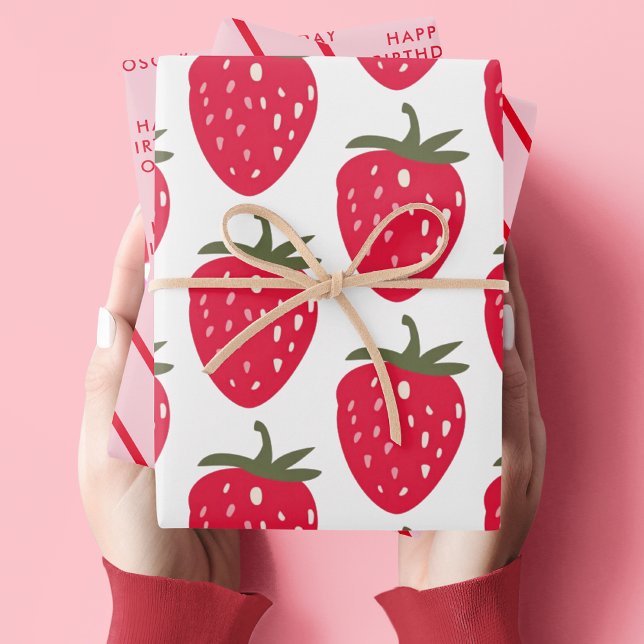Pink and Red Strawberry Birthday Wrapping Paper Sheets (Creator Uploaded)