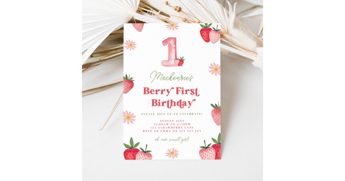 Pink and Red Strawberry Daisy Berry First Birthday Invitation | Zazzle