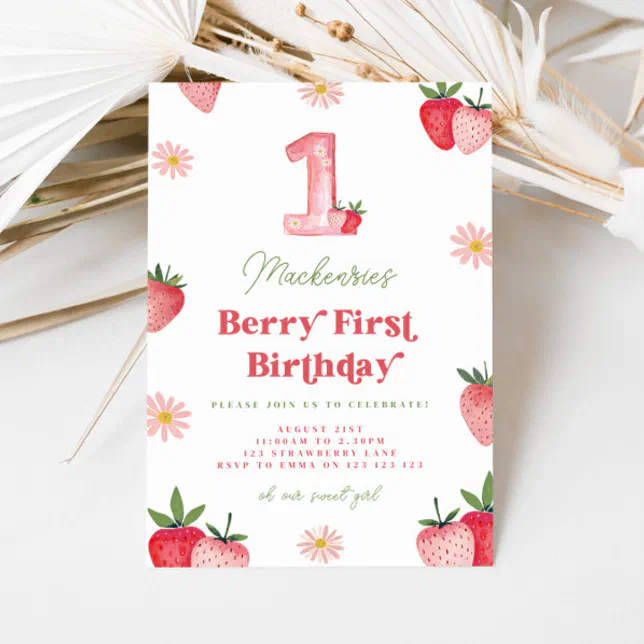 Pink and Red Strawberry Daisy Berry First Birthday Invitation | Zazzle