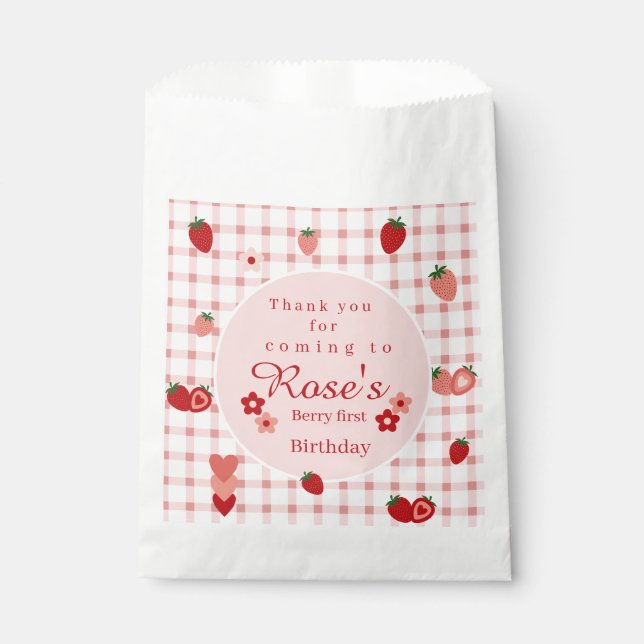 Pink and Red Strawberry First Birthday favor bag (Front)