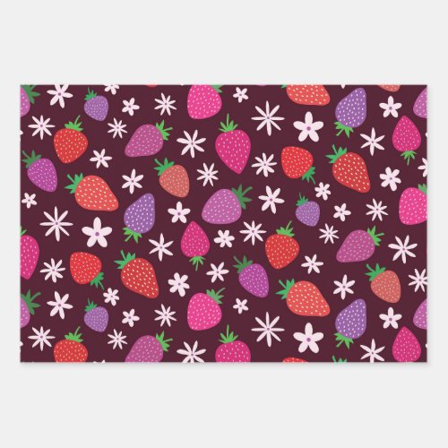 Pink and red strawberry pattern floral  wrapping paper sheets