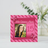 Pink and Red Stripe Photo Quinceañera Invitation (Standing Front)