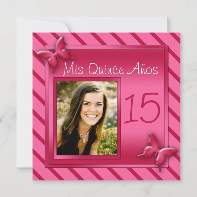 Pink and Red Stripe Photo Quinceañera Invitation (Front)