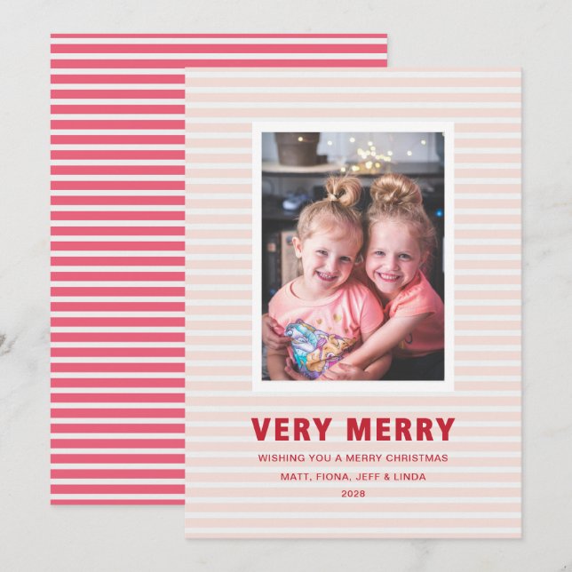 Pink and Red Stripe Very Merry Photo Holiday Card (Front/Back)
