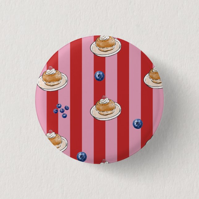 Pink and red striped card with cake pattern button (Front)