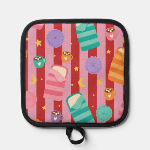 Pink and red striped card with sleepover pattern pot holder