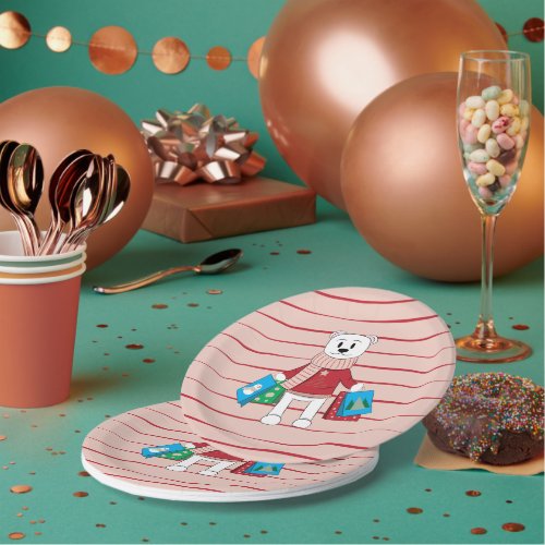 Pink and red striped paper plates with polar bear