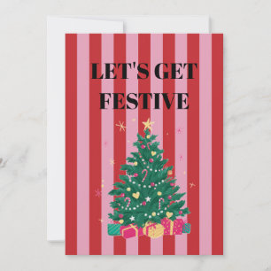Pink and red stripes and Christmas tree Invitation