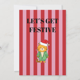 Pink and red stripes Christmas cat Invitation